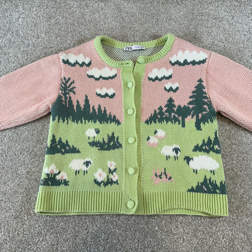 Zara Sheep Landscape Knit Cardigan Pink Green Pastoral Cottagecore Sweater Small - Picture 2 of 8